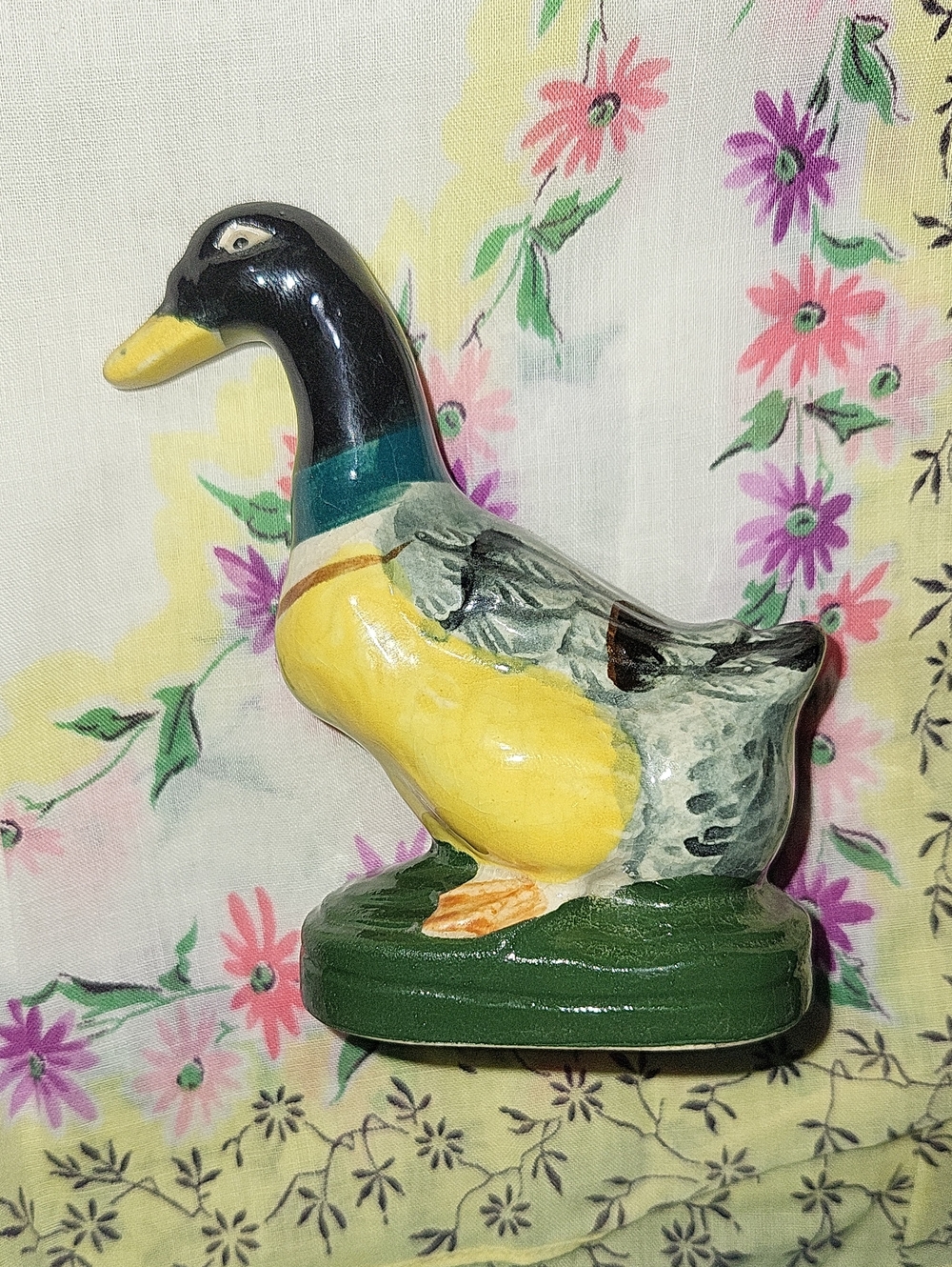 Hand-Painted Ceramic Duck Figurine in Yellow and Green